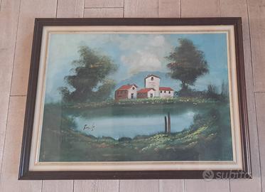 Olio su tela - Paesaggio con case e laghetto