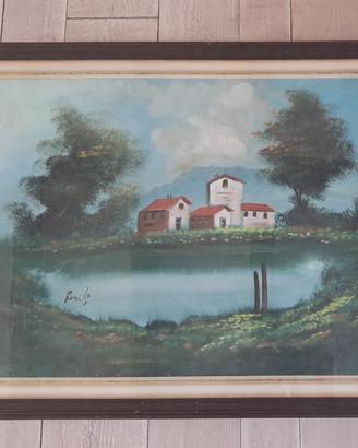 Olio su tela - Paesaggio con case e laghetto