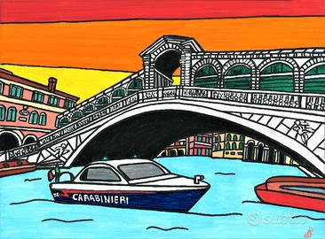 Venezia con Carabinieri.Dipinto originale+Rivista 