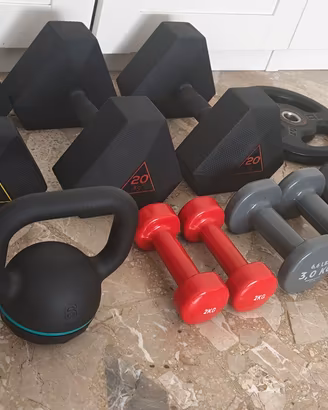Attrezzatura palestra pesi manubri dischi ghisa 