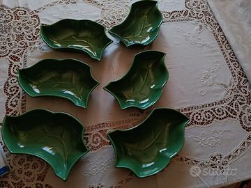 set 6 piatti in ceramica verde a forma di foglia