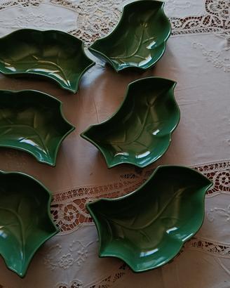 set 6 piatti in ceramica verde a forma di foglia