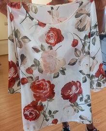 camicia blusa maniche corte a rose rosse e bianche