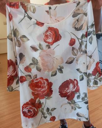 camicia blusa maniche corte a rose rosse e bianche