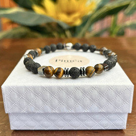 Bracciale uomo occhio di tigre e pietra lavica 6mm
