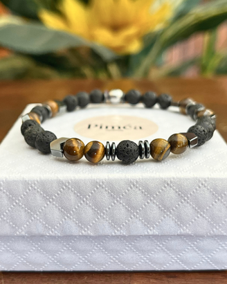 Bracciale uomo occhio di tigre e pietra lavica 6mm
