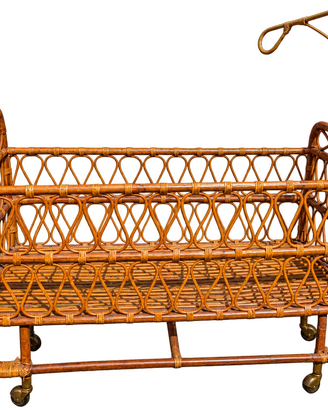 Culla vintage in rattan e vimini con ruote e asta