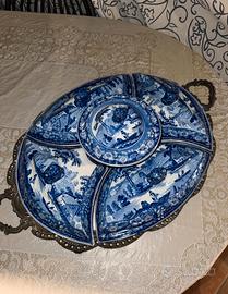 Antica Antipastiera inglese ceramica blu +Vassoio
