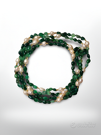Collana Vintage Agata Verde e Perle 80 cm