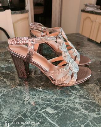 sandali bronzo in stoffa con tacco 
