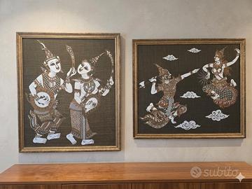 Coppia quadri seta thailandese vintage design 50x4