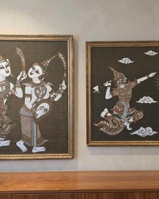 Coppia quadri seta thailandese vintage design 50x4