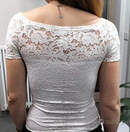 Tshirt trasparente in pizzo bianco, Taglia 40