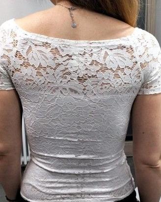 Tshirt trasparente in pizzo bianco, Taglia 40