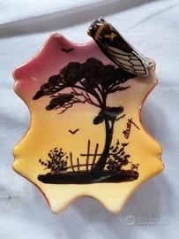 vaso con coperchioe e piattino, con cicala, vintag