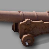 GRANDE ANTICO CANNONE IN GHISA CON RUOTE D'EPOCA