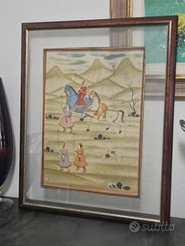 Dipinto su seta scena di caccia,persia XIX,XX 