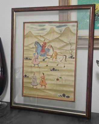 Dipinto su seta scena di caccia,persia XIX,XX 