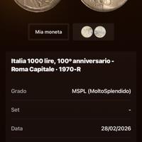 Moneta 1000 lire  roma capitale 100 anniversario