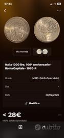 Moneta 1000 lire  roma capitale 100 anniversario