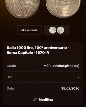 Moneta 1000 lire  roma capitale 100 anniversario