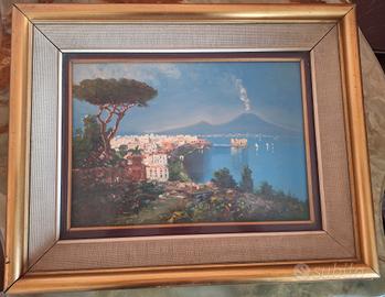 Quadro Napoli Posillipo Vesuvio cornice dorata