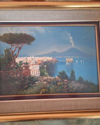 Quadro Napoli Posillipo Vesuvio cornice dorata