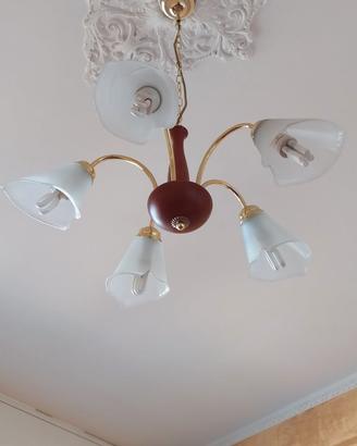 Lampadario a 5 luci in legno ciliegio finiture oro
