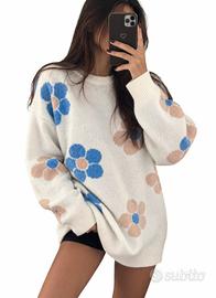 Maglione donna oversize panna con margherite