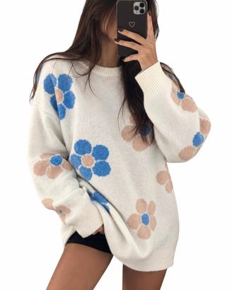Maglione donna oversize panna con margherite