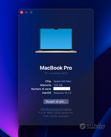 MacBook Pro 16” M3 Max 40 Core 128 GB RAM 8 TB