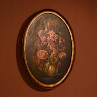 Quadro antico ovale dipinto a mano - fiori