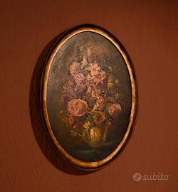 Quadro antico ovale dipinto a mano - fiori
