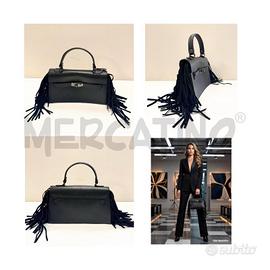 BORSA PICCOLA A MANO NERA PELLE CON FRANGE LATERAL