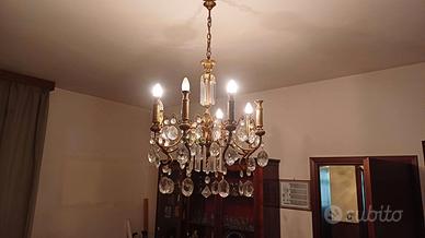 Tris Lampadario in ottone e cristalli + 2 applique