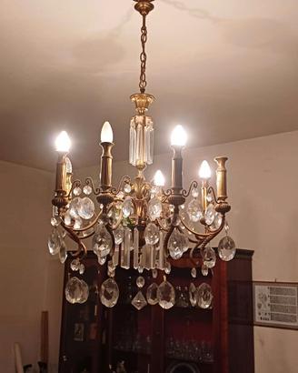 Tris Lampadario in ottone e cristalli + 2 applique