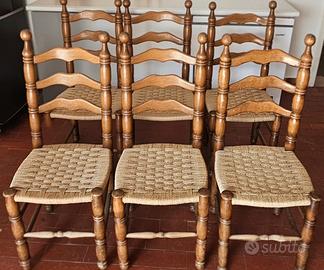 6 sedie rustiche in legno con seduta in paglia