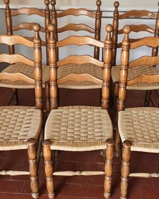 6 sedie rustiche in legno con seduta in paglia