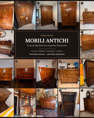 17 mobili antichi: armadi, ribalte, cassettoni