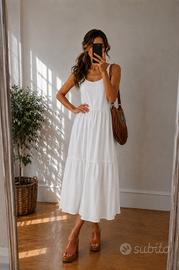 Abito lungo bianco in cotone, stile boho, Tg S 