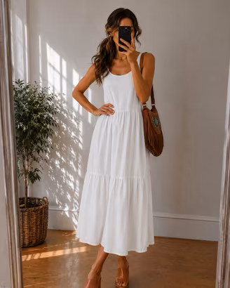 Abito lungo bianco in cotone, stile boho, Tg S 