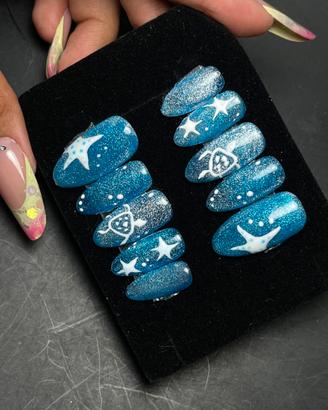 Press On Artigianali Cat Eye Blu - Tema Mare