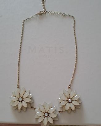 Collana fiori con gemme di vetro color bianco,oro