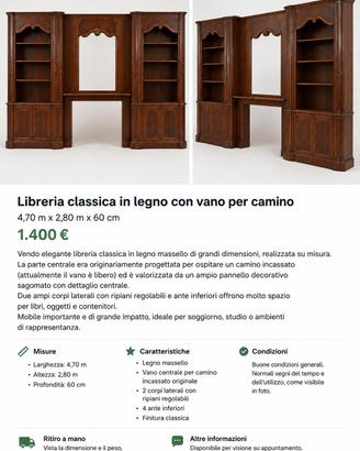 Libreria classica in legno 4,70 m con specchio