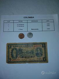 Monete e Banconota Peso Colombia Anni 50/60