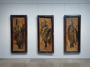 Trittico Quadri Vintage Caccia Pesca Nature Morte