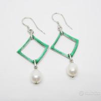 Orecchini in Argento 925 smaltato verde e Perla