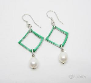 Orecchini in Argento 925 smaltato verde e Perla