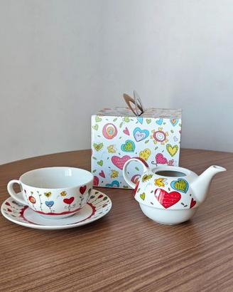 Set Teiera e Tazza da Tè con Piattino Cuori Colora