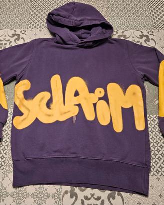 Felpa Disclaimer viola con scritta giallo fluo